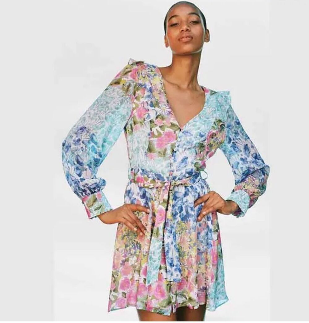 ZARA Floral Mini Dress Size L – Sheer Ruffle V-Neck Tie Waist